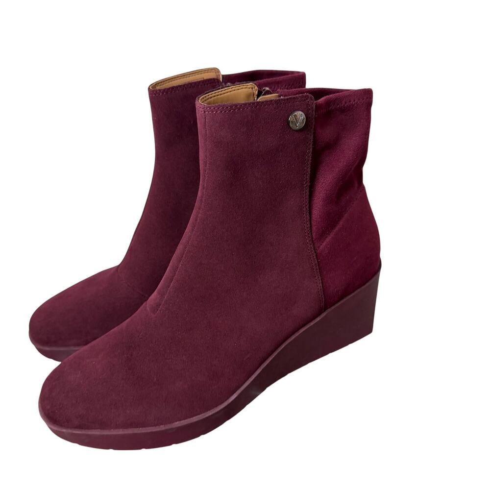 Vionic Skylar Women's 11 Burgundy Wine Suede Wedge Ankle Boots Side Zip Orthotic